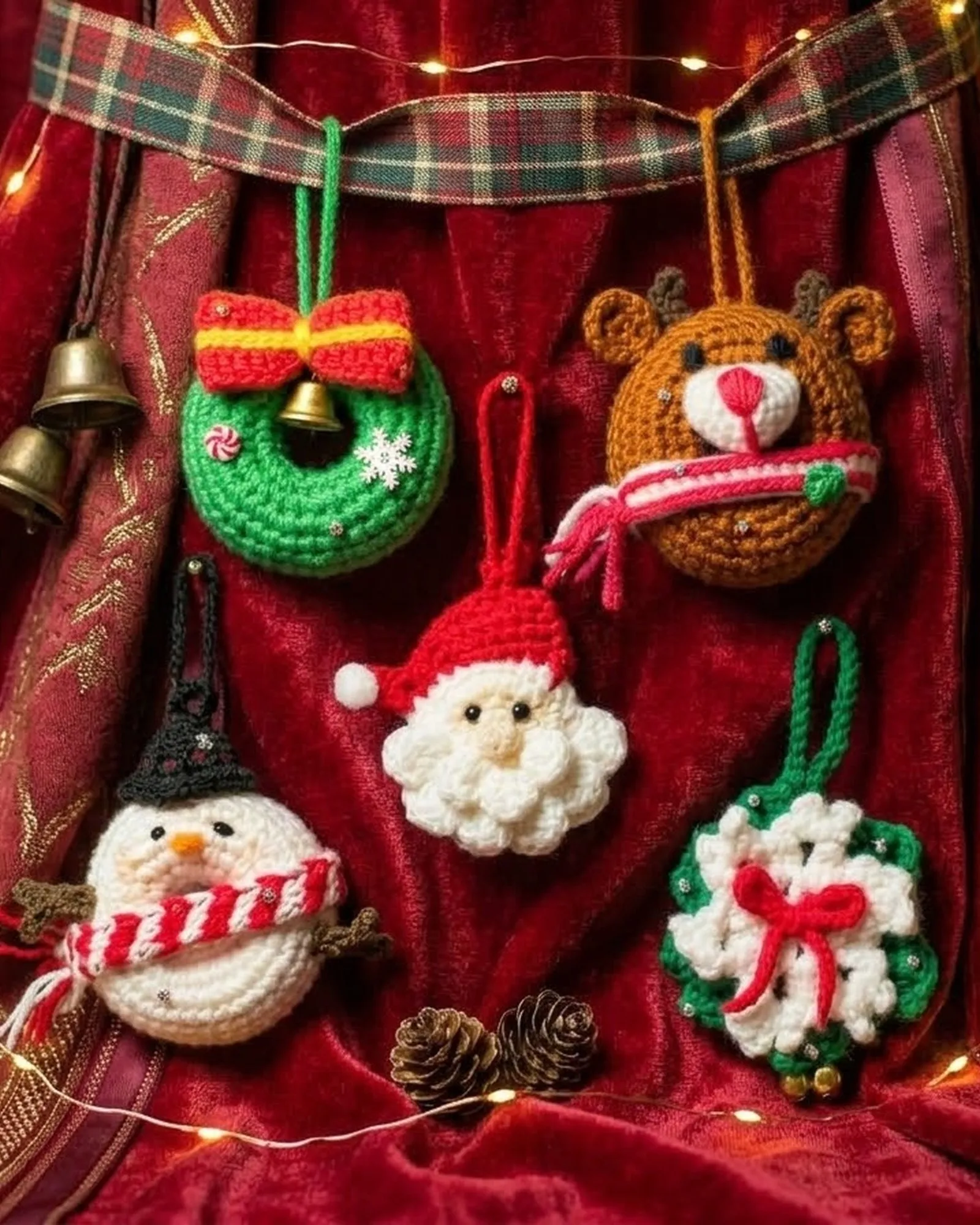 Adornos navideños tejidos sobre tela roja